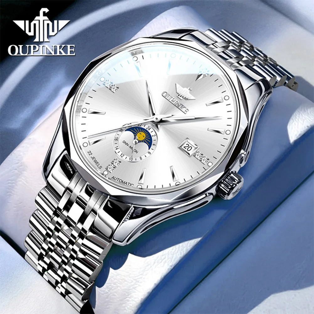 OUPINKE Automatische Herrenuhr, automatisches Datum, Mondphase, Chronograph, hochwertige Luxus-Diamant-Armbanduhr für Herren, NEU 3275