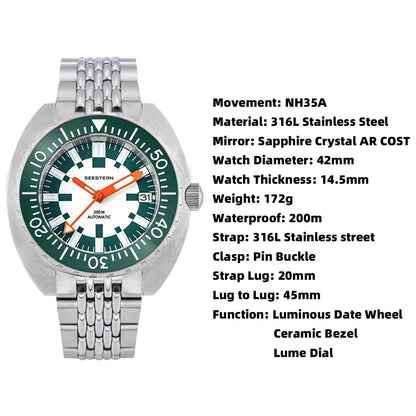 SEESTERN SUB300T Luminous Diver Watch Automatic Men Date 200m Turn Bracelet Wristwatches Retro Mechanical Sapphire Ceramic New