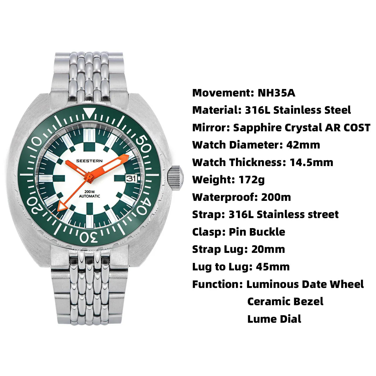 SEESTERN SUB300T Luminous Diver Watch Automatic Men Date 200m Turn Bracelet Wristwatches Retro Mechanical Sapphire Ceramic New