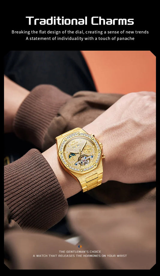 OLEVS Gold Steel Men's Watches Top Brand Automatic Mechanical Luxury Watch Sport Waterproof Tourbillon Wristwatch Reloj Hombre