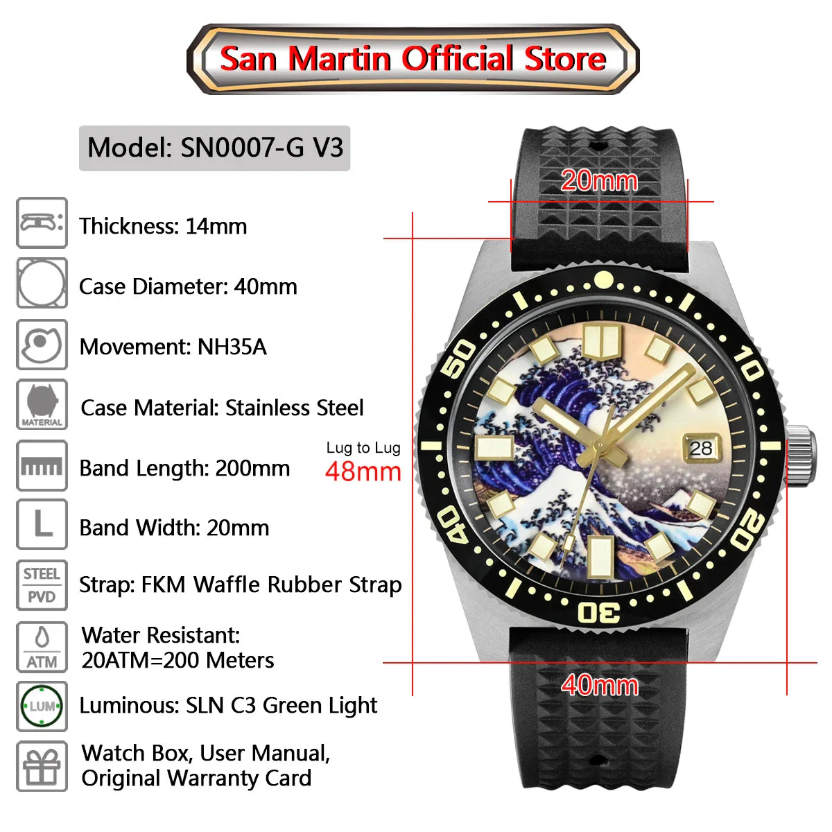 San Martin 40mm 62mas V3 Diver Watch For Men Kanagawa Surfing Dial NH35 Automatic Mechanical 20Bar Full Luminous Rubber Strap