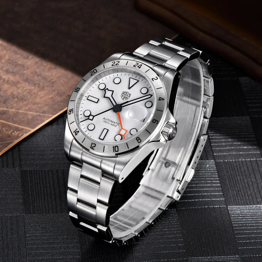 RollsTimi Automatic Men's Watch GMT NH34 Stainless Steel Mechanical Waterproof Wrist Watch for Men Auto Date Sapphire Dial Watch