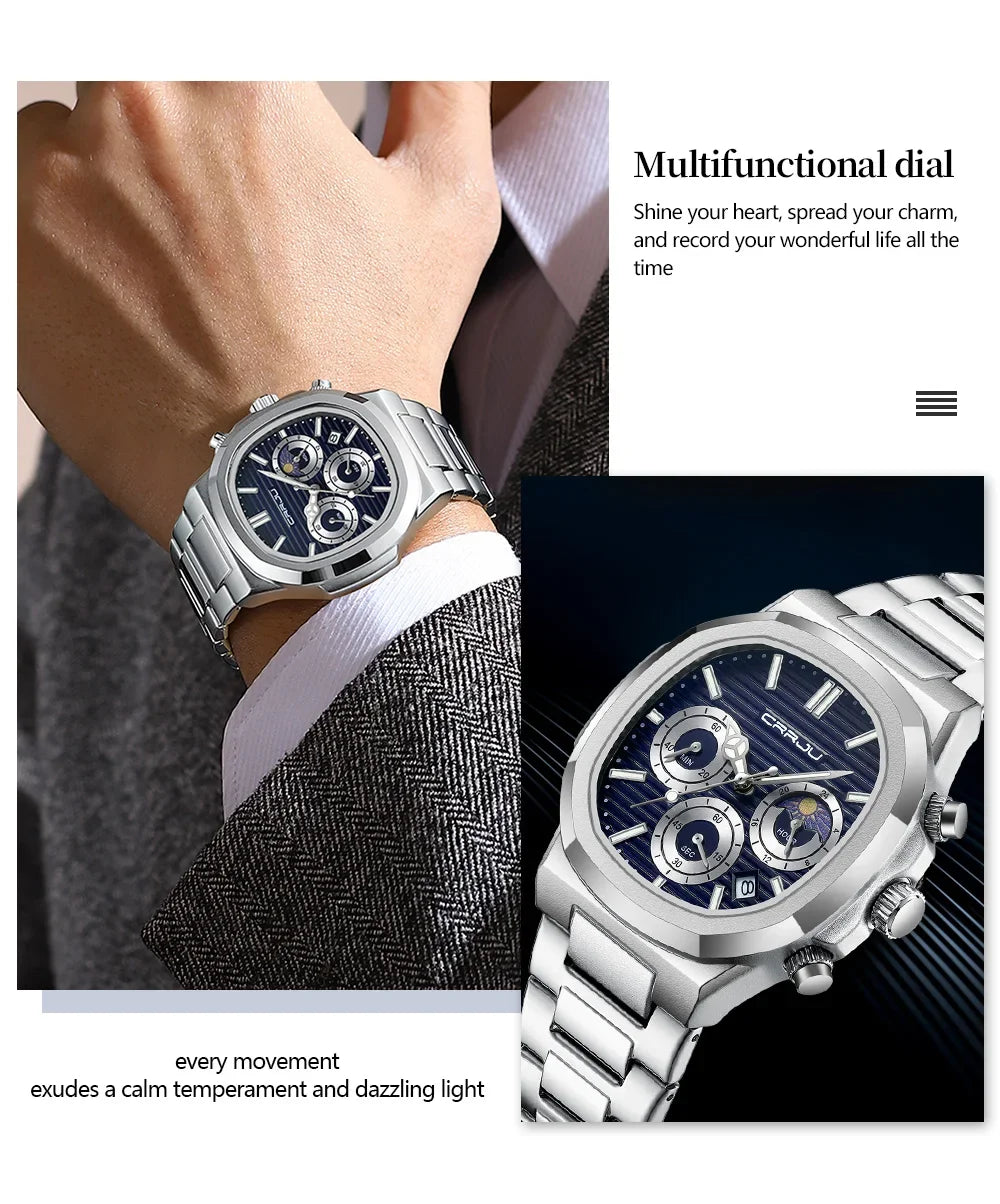 CRRJU Herrenuhr, wasserdicht, leuchtende Armbanduhr, Quarz-Edelstahluhr für Herren, Pilot-Top-Marke, Herrenuhren, Chronograph