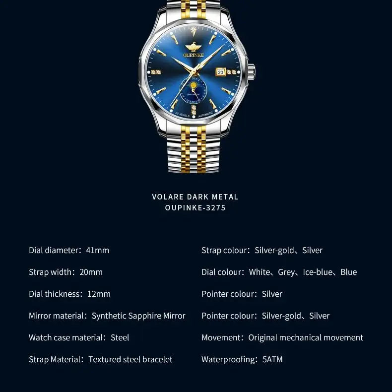 OUPINKE Automatische Herrenuhr, automatisches Datum, Mondphase, Chronograph, hochwertige Luxus-Diamant-Armbanduhr für Herren, NEU 3275