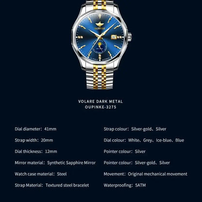 OUPINKE Automatische Herrenuhr, automatisches Datum, Mondphase, Chronograph, hochwertige Luxus-Diamant-Armbanduhr für Herren, NEU 3275