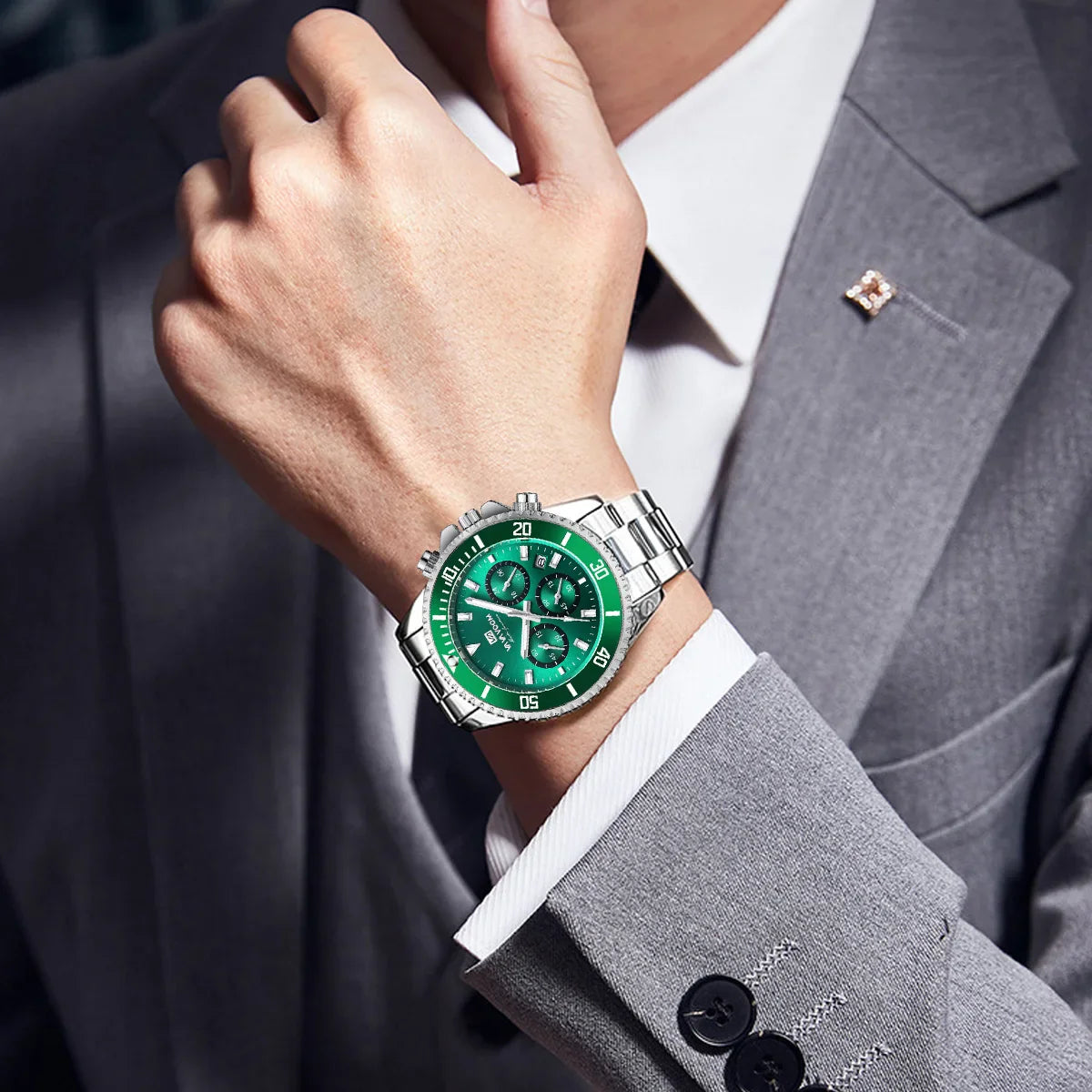 VA VA VOOM Marke Top Männer Uhr 1 Stück Multifunktionale Modische Timing Zifferblatt Grün Gold Edelstahl 3Bar Timing Uhr für Männer