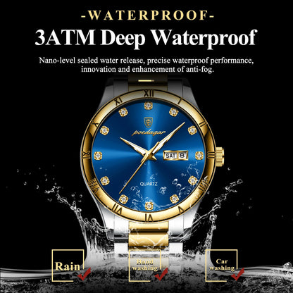 POEDAGAR Top Luxus Uhr Für Mann Datum Woche Wasserdicht Leucht Mann Armbanduhr Quarz Edelstahl herren Uhren Sport Reloj