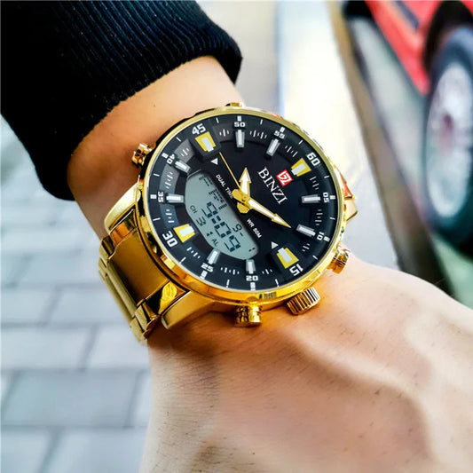 Top Marke Luxus Männer Armbanduhr Wasserdichte Sport Digitale Uhren Männer LED Stahl Militär Quarzuhr Gold farbe Große Zifferblatt Uhr