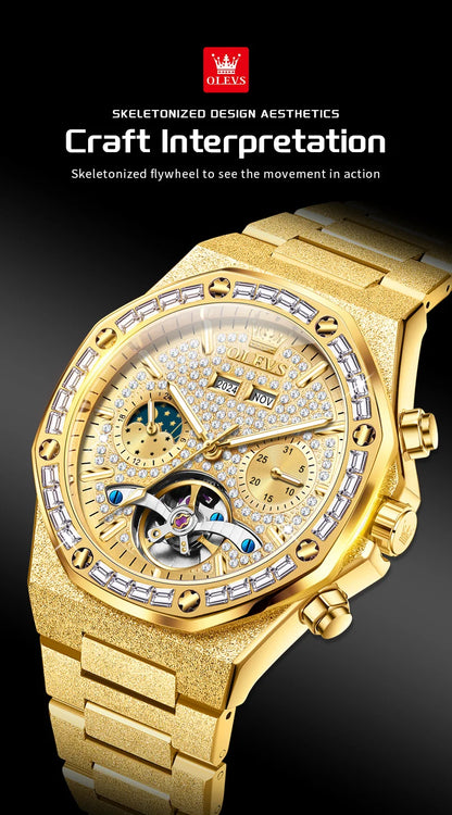 OLEVS Gold Stahl Herren Uhren Top Marke Automatische Mechanische Luxus Uhr Sport Wasserdicht Tourbillon Armbanduhr Reloj Hombre