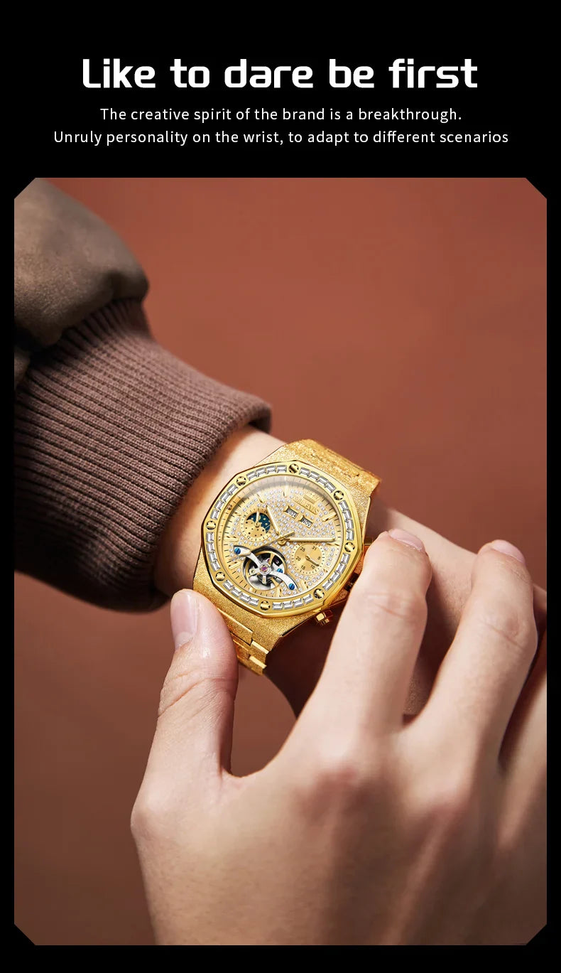 OLEVS Gold Stahl Herren Uhren Top Marke Automatische Mechanische Luxus Uhr Sport Wasserdicht Tourbillon Armbanduhr Reloj Hombre