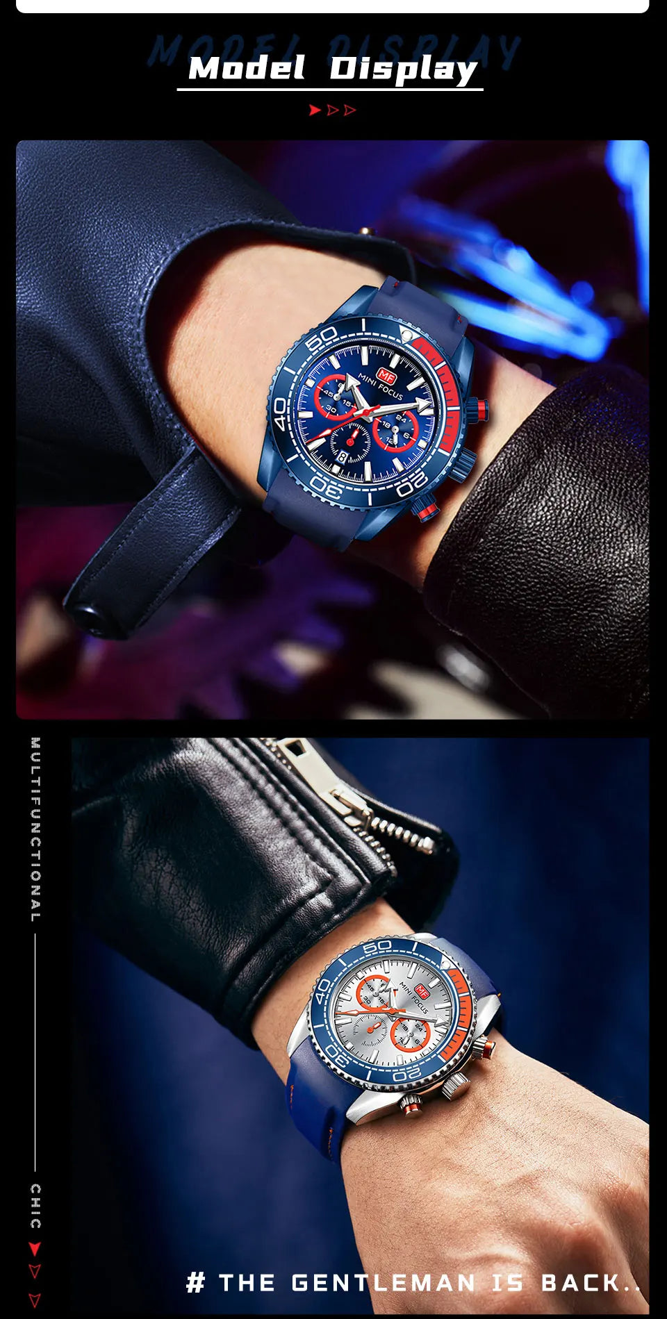 MINI FOCUS Chronograph Quarzuhren für Herren, modische Sport-Armbanduhr mit automatischem Datum, 24-Stunden-Anzeige, blaues Silikonarmband 0426