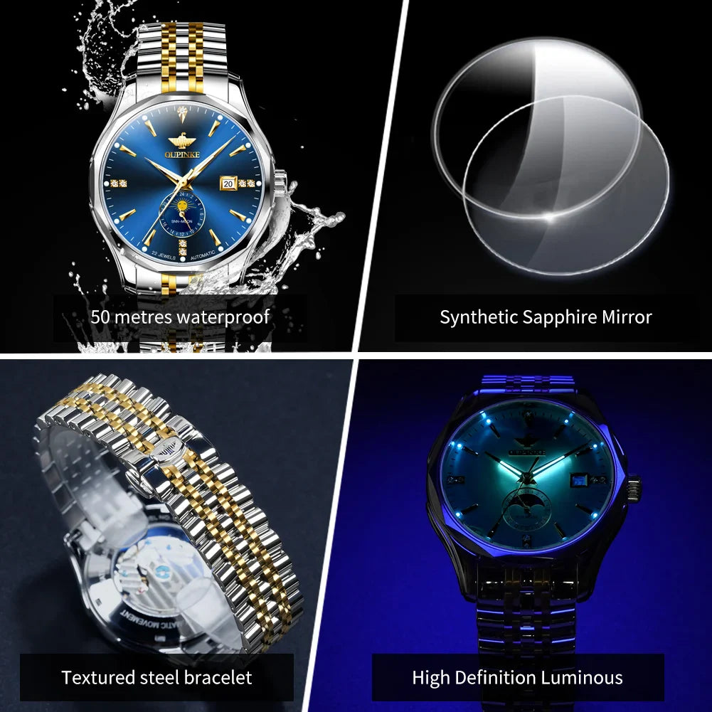 OUPINKE Automatische Herrenuhr, automatisches Datum, Mondphase, Chronograph, hochwertige Luxus-Diamant-Armbanduhr für Herren, NEU 3275