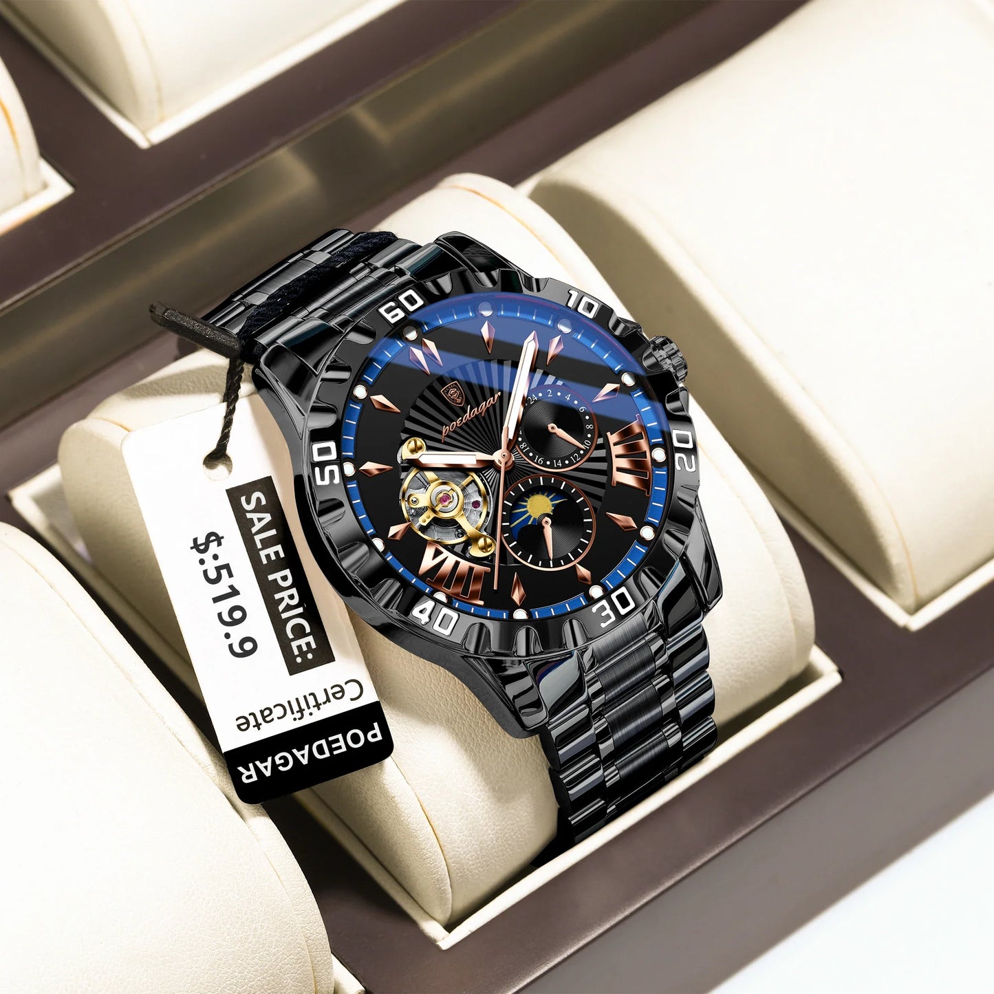 POEDAGAR Luxus Männer Uhr Hohl Tourbillon Automatische Mechanische Mann Uhr Wasserdicht Leucht Edelstahl herren Uhren + Box