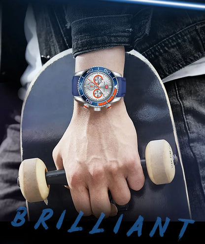 MINI FOCUS Chronograph Quarzuhren für Herren, modische Sport-Armbanduhr mit automatischem Datum, 24-Stunden-Anzeige, blaues Silikonarmband 0426