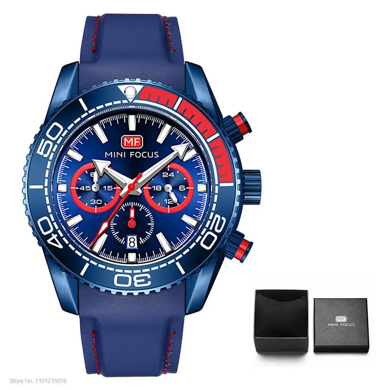 MINI FOCUS Chronograph Quarzuhren für Herren, modische Sport-Armbanduhr mit automatischem Datum, 24-Stunden-Anzeige, blaues Silikonarmband 0426