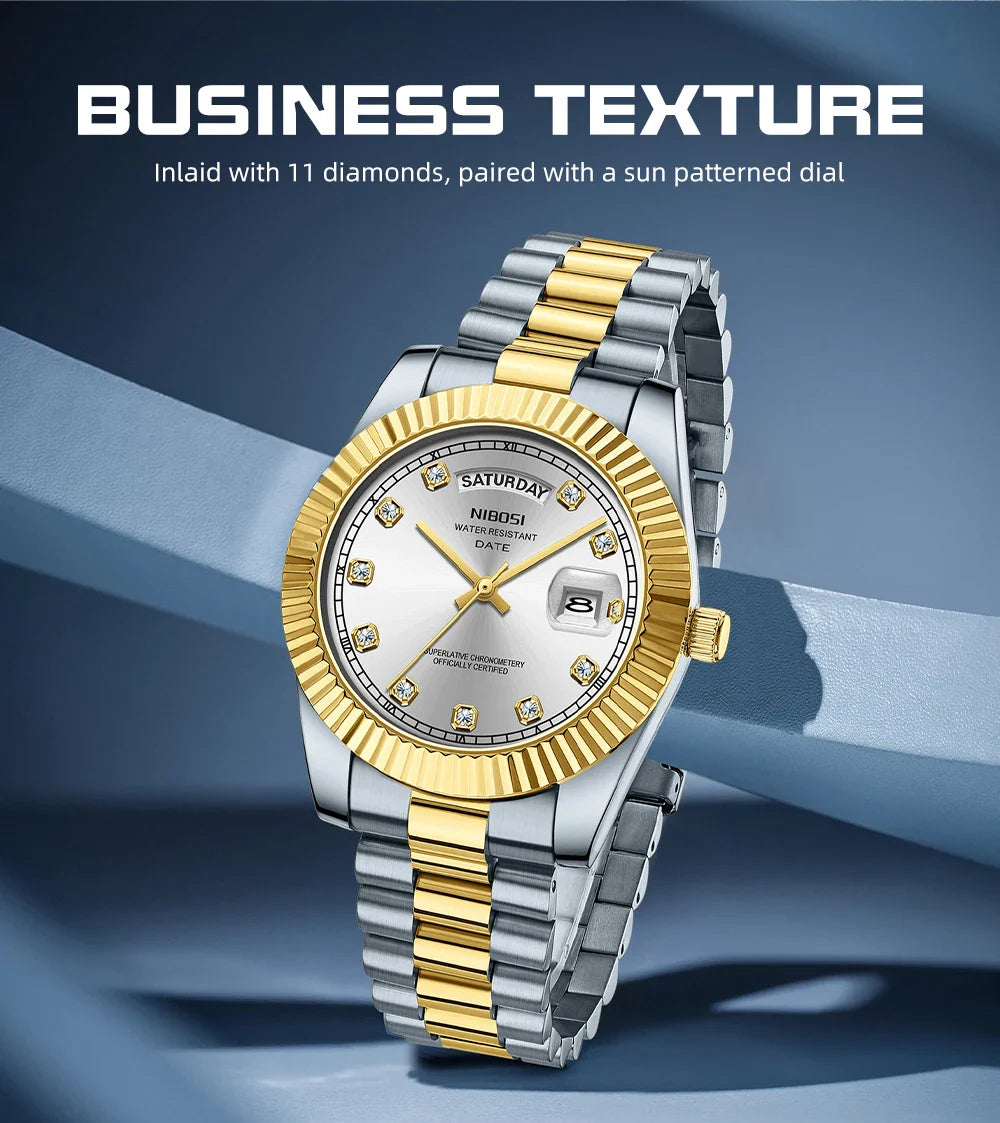 NIBOSI Luxus Gold Quarzuhr Männer Edelstahl Wasserdicht Leucht Datum Woche Mode Diamant Herren Uhren Relogio Masculino