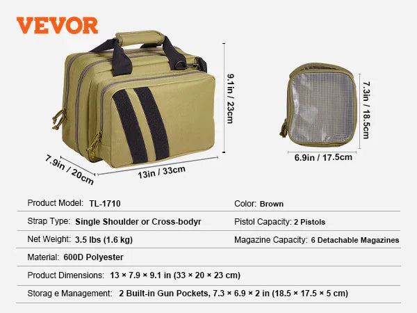 VEVOR Pistolentasche, Gewehrtasche, Pistolentaschen für 6 Pistolen, Pistolenrucksack mit 6 unabhängigen Pistolentaschen & 10 Magazinen, Pistolenrucksack für Outdoor-Jagd, Abschließbare Tasche, Braun