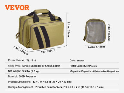 VEVOR Pistolentasche, Gewehrtasche, Pistolentaschen für 6 Pistolen, Pistolenrucksack mit 6 unabhängigen Pistolentaschen & 10 Magazinen, Pistolenrucksack für Outdoor-Jagd, Abschließbare Tasche, Braun