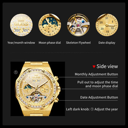 OLEVS Gold Stahl Herren Uhren Top Marke Automatische Mechanische Luxus Uhr Sport Wasserdicht Tourbillon Armbanduhr Reloj Hombre