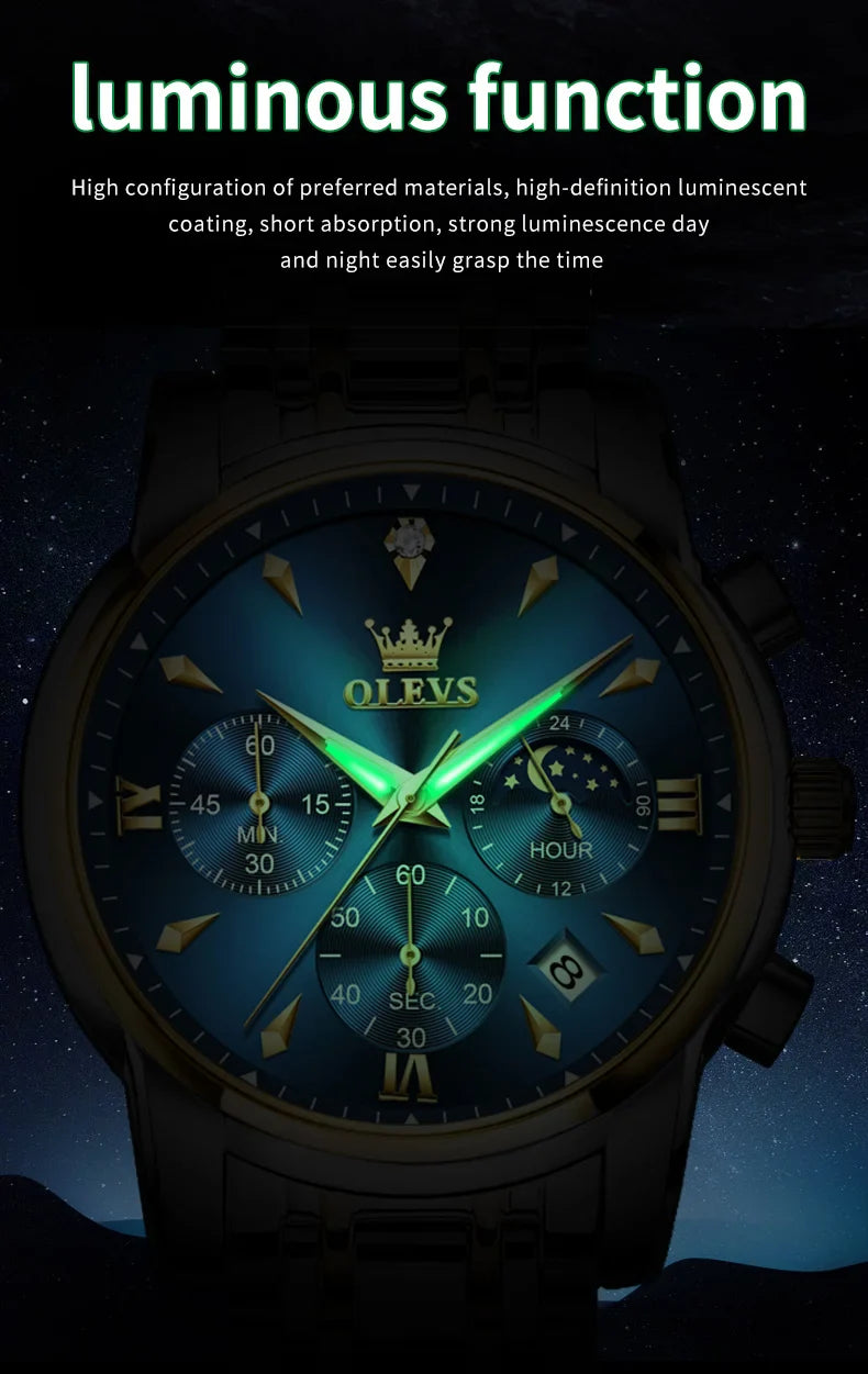 OLEVS 3639 Top Marke Original Luxus Neue Quarzuhr Edelstahl Uhr Für Männer Wasserdicht Leucht Mond Phase Herren Uhr