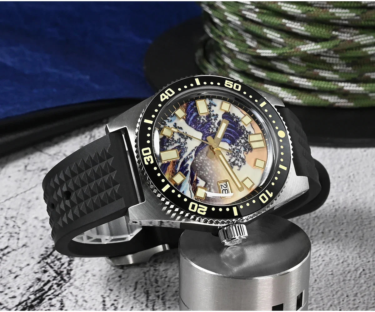 San Martin 40mm 62mas V3 Diver Watch For Men Kanagawa Surfing Dial NH35 Automatic Mechanical 20Bar Full Luminous Rubber Strap