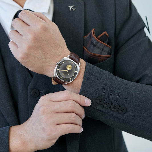 TRNDA Men's Stainless Steel Watch, Brown Leather Band | TRN-SS45-BR-1
