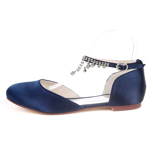 Satin Round Toe Hollow Rhinestone Chain Flat Wedding Shoes