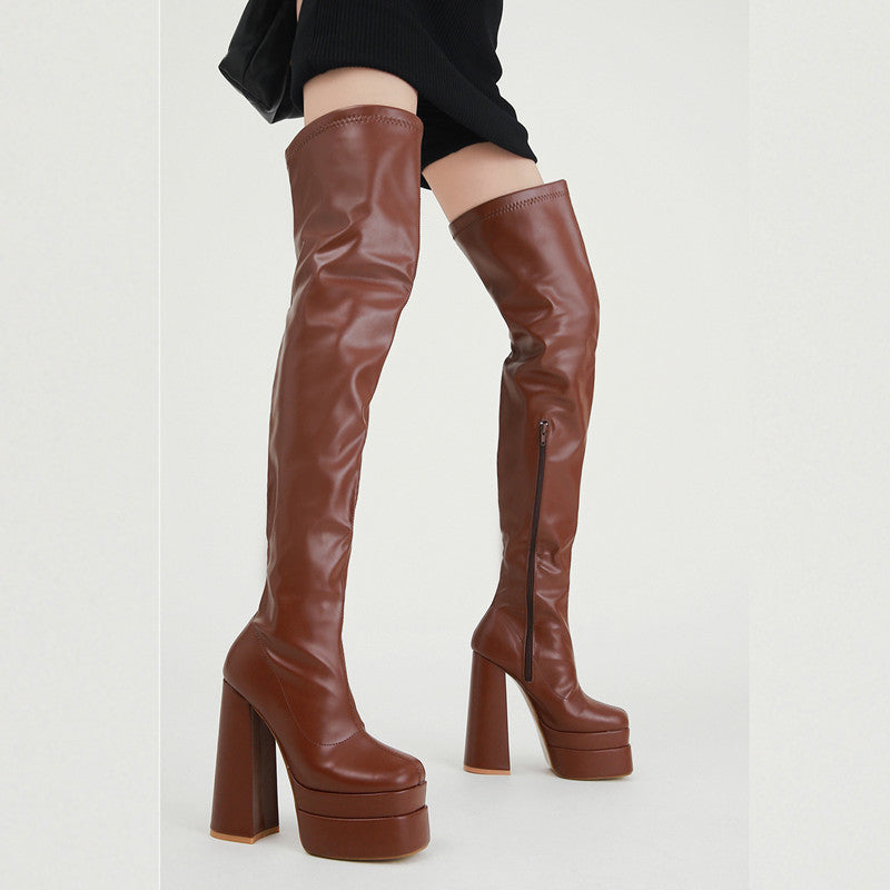 European And American New Square Head Platform Thick Heel Over The Knee Fashion