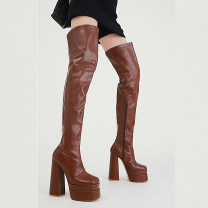 European And American New Square Head Platform Thick Heel Over The Knee Fashion
