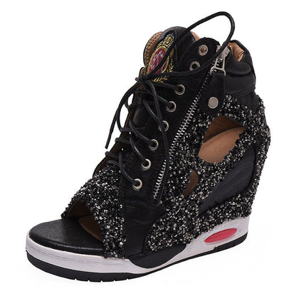 Personalized Sponge Cake With Thick-soled Casual Sequin Lace-up Fish Mouth Shoes