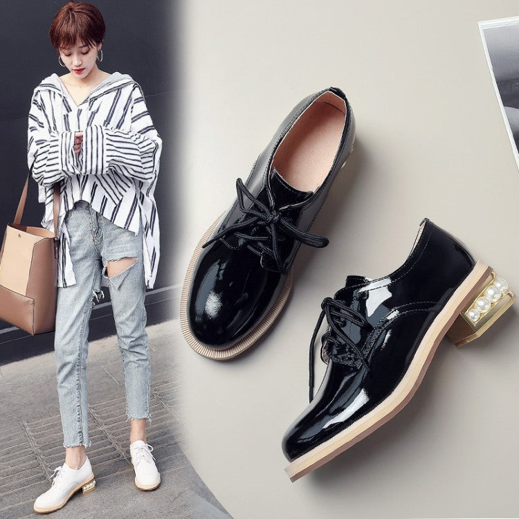 Spring And Autumn Shiny Round Toe Small Leather Shoes Mid-heel Platform