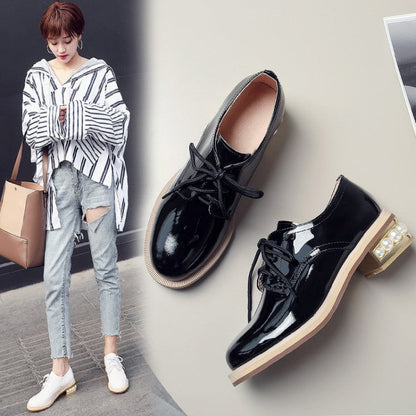 Spring And Autumn Shiny Round Toe Small Leather Shoes Mid-heel Platform