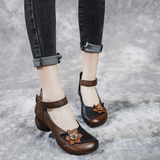 Vintage Head Layer Cowhide Flower Match Color Velcro Round Head Mother Thick Heel Rubber Soft Soled Women's Shoes