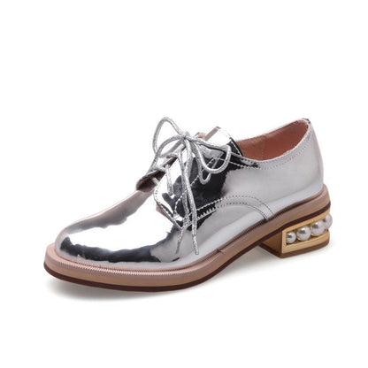 Spring And Autumn Shiny Round Toe Small Leather Shoes Mid-heel Platform
