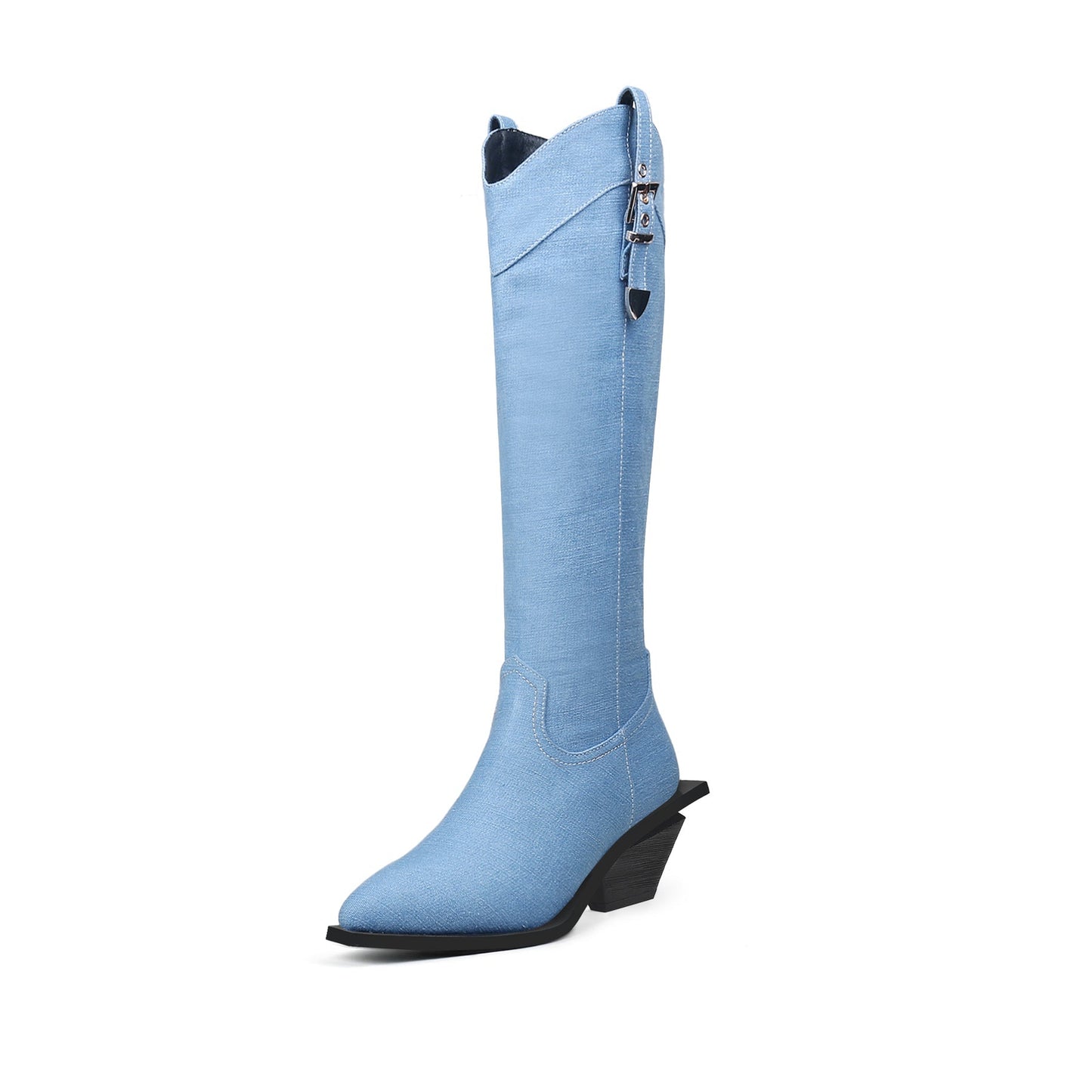 Kniehoge cowboylaarzen van denim met riempjes