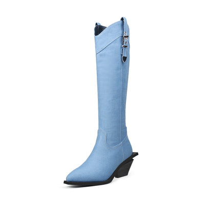 Kniehoge cowboylaarzen van denim met riempjes