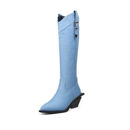 Kniehoge cowboylaarzen van denim met riempjes