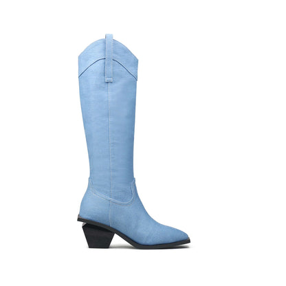 Kniehoge cowboylaarzen van denim met riempjes