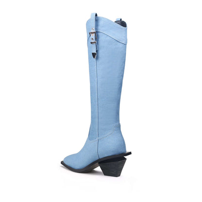 Kniehoge cowboylaarzen van denim met riempjes