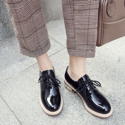 Spring And Autumn Shiny Round Toe Small Leather Shoes Mid-heel Platform