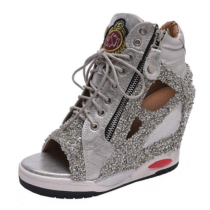 Personalized Sponge Cake With Thick-soled Casual Sequin Lace-up Fish Mouth Shoes