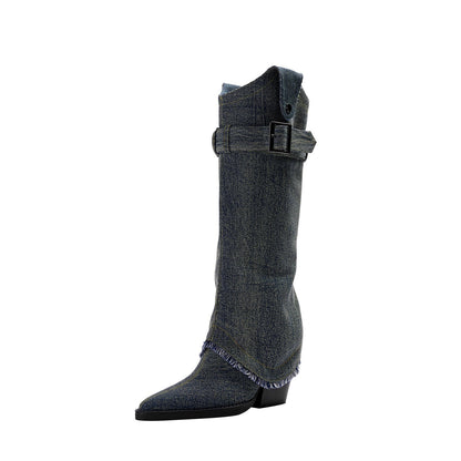 Denim Buckle Foldover Knee High Boots-2