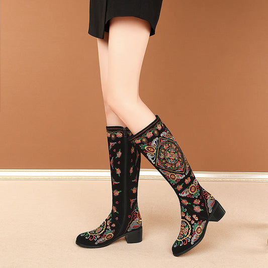 Frosted Embroidered Flower High Boots for Women