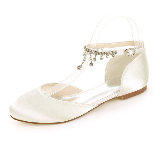 Satin Round Toe Hollow Rhinestone Chain Flat Wedding Shoes