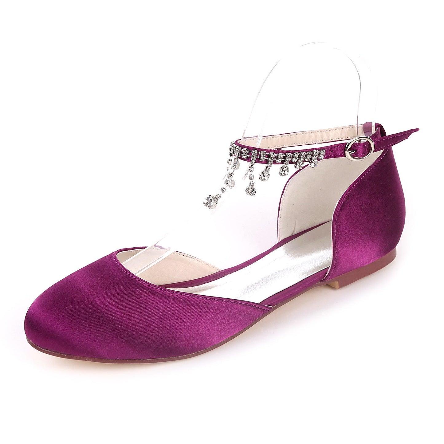 Satin Round Toe Hollow Rhinestone Chain Flat Wedding Shoes