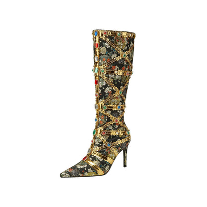 Haute Couture Golden and Crystal Encrusted Knee High Boots-4
