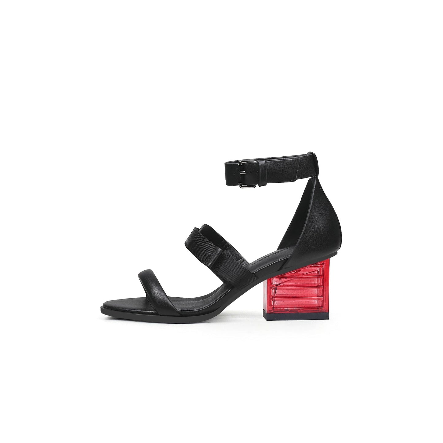 Leren wikkelbandsandalen met glazen hakken