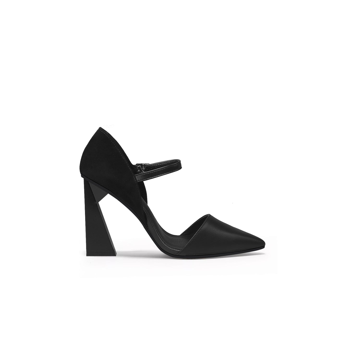 Pumps met spitse neus, enkelbandje en trapeziumhak
