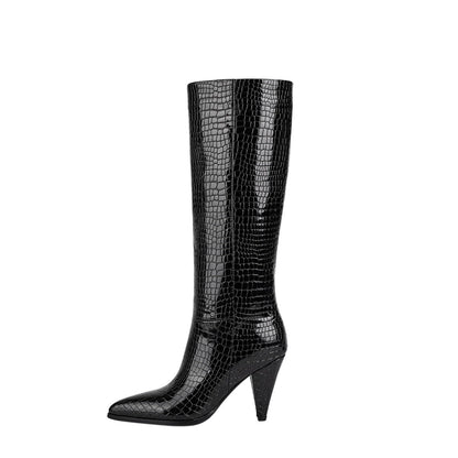 Sleek Textured Black Knee High Boots-0