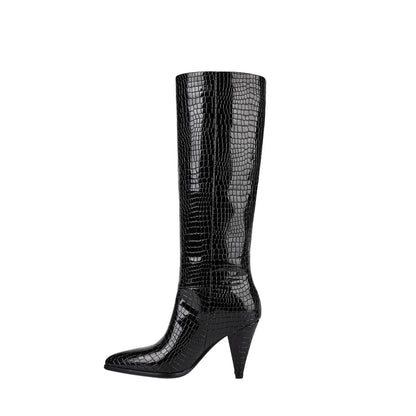 Sleek Textured Black Knee High Boots-1